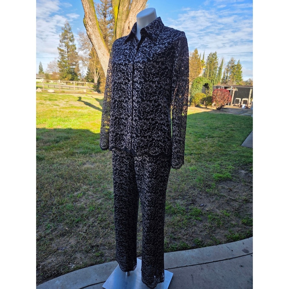 Evening Wear Floral Lace 2 Piece Pant Suit Set Black Silver Metallic Sparkle lg‎